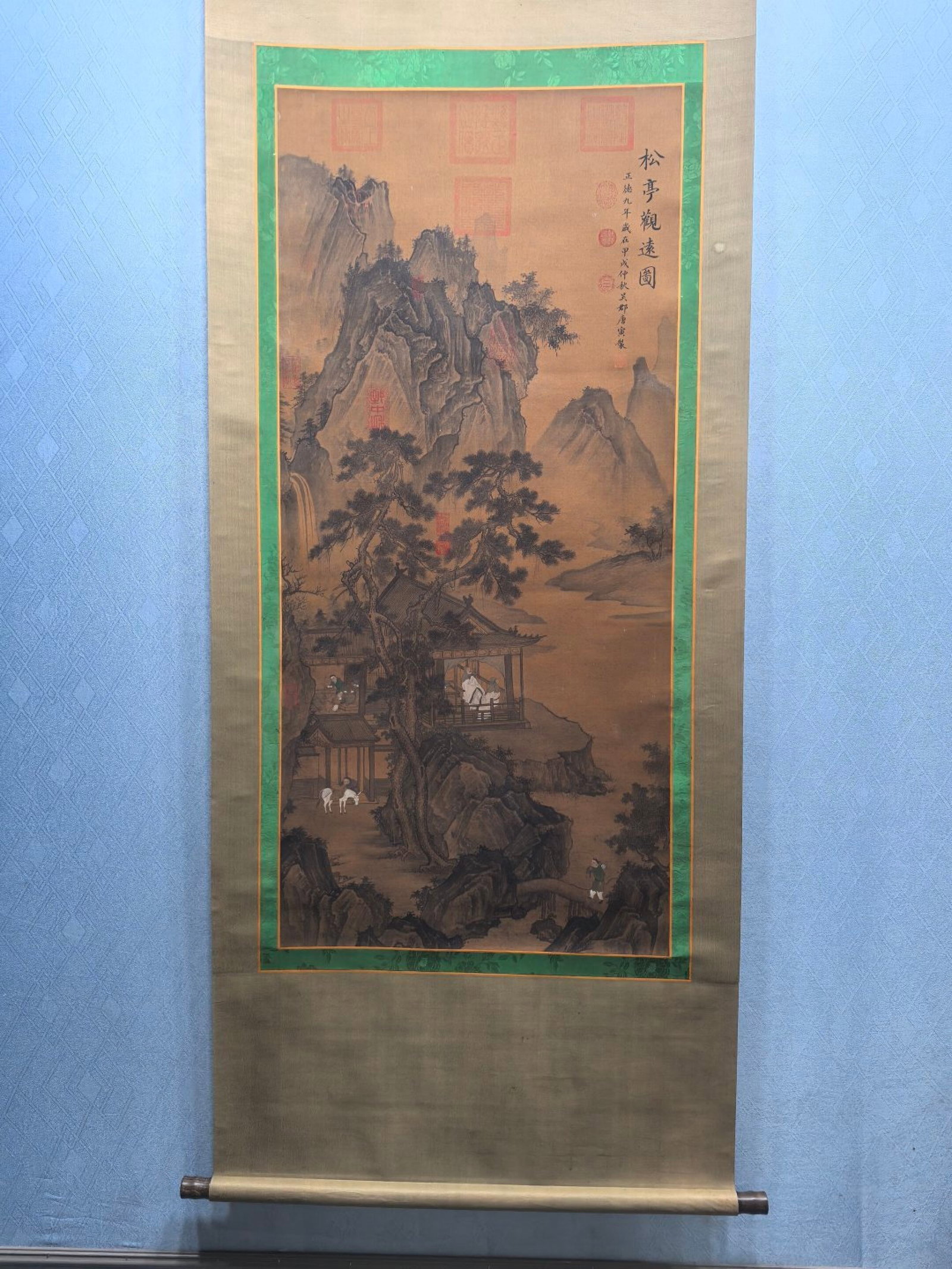 A Chinese Vertical Scroll Ink Painting of Landscape and Figure on Silk: A Chinese Vertical Scroll Ink Painting of Landscape and Figure on Silk,Tang Yin,Size:25.4inx55.1in