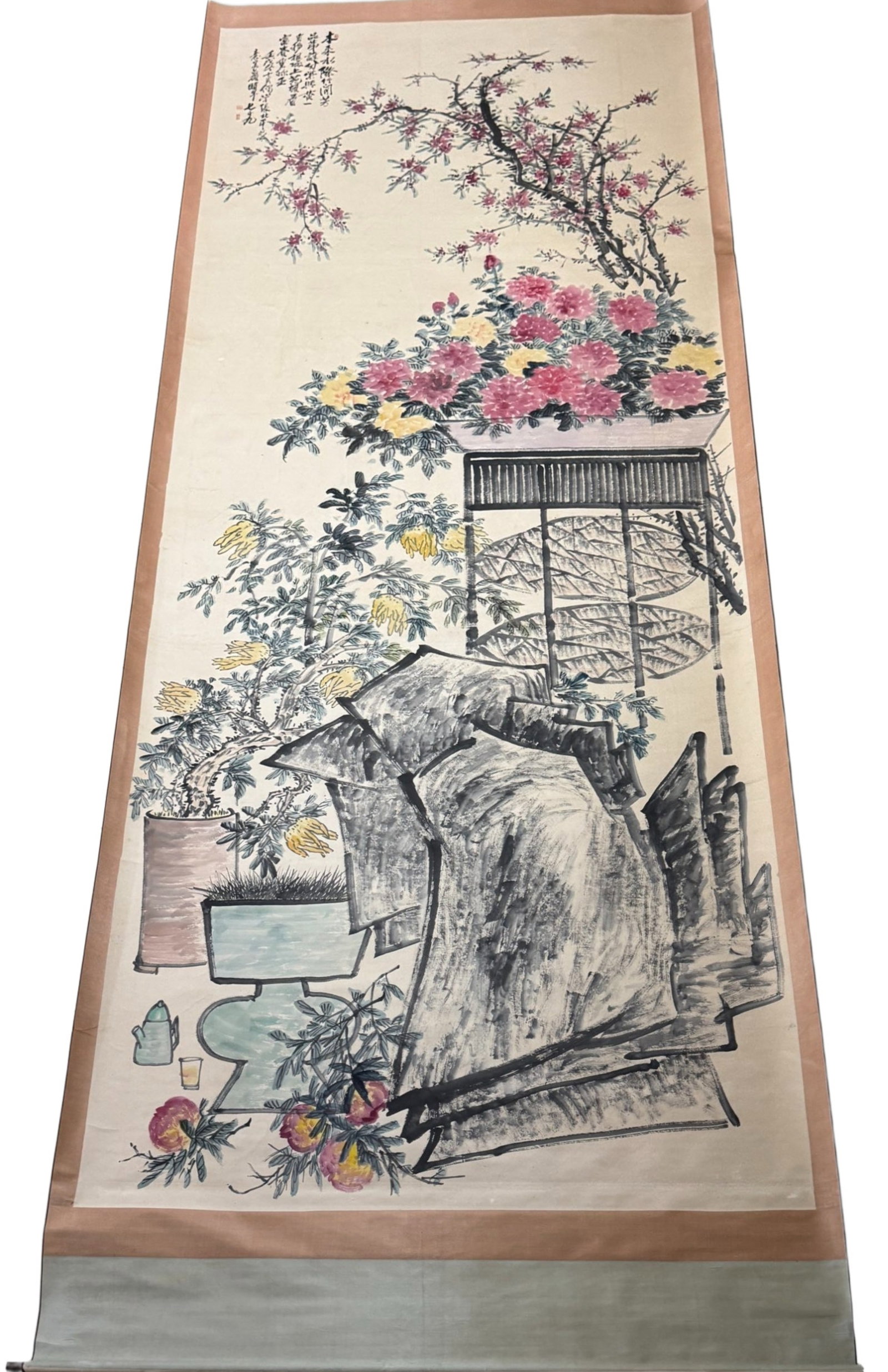 A Chinese Vertical Scroll Ink Painting of Flower on Paper: A Chinese Vertical Scroll Ink Painting of Flower on Paper,Wu Changshuo,Size:78.7inx196.8in