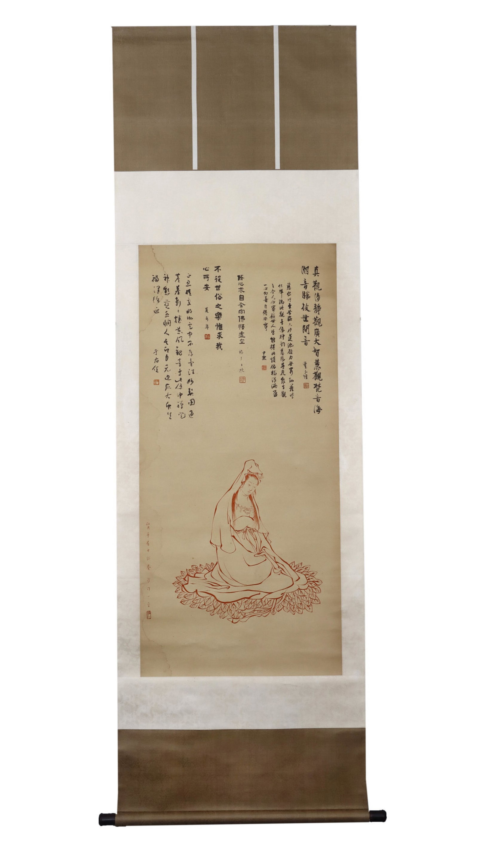 A Chinese Vertical Scroll Ink Statue of Avalokitesvara on Paper: A Chinese Vertical Scroll Ink Statue of Avalokitesvara on Paper,Hong Yi,Size:51.2inx23.6in 一幅中国水墨观音像立轴,弘一
