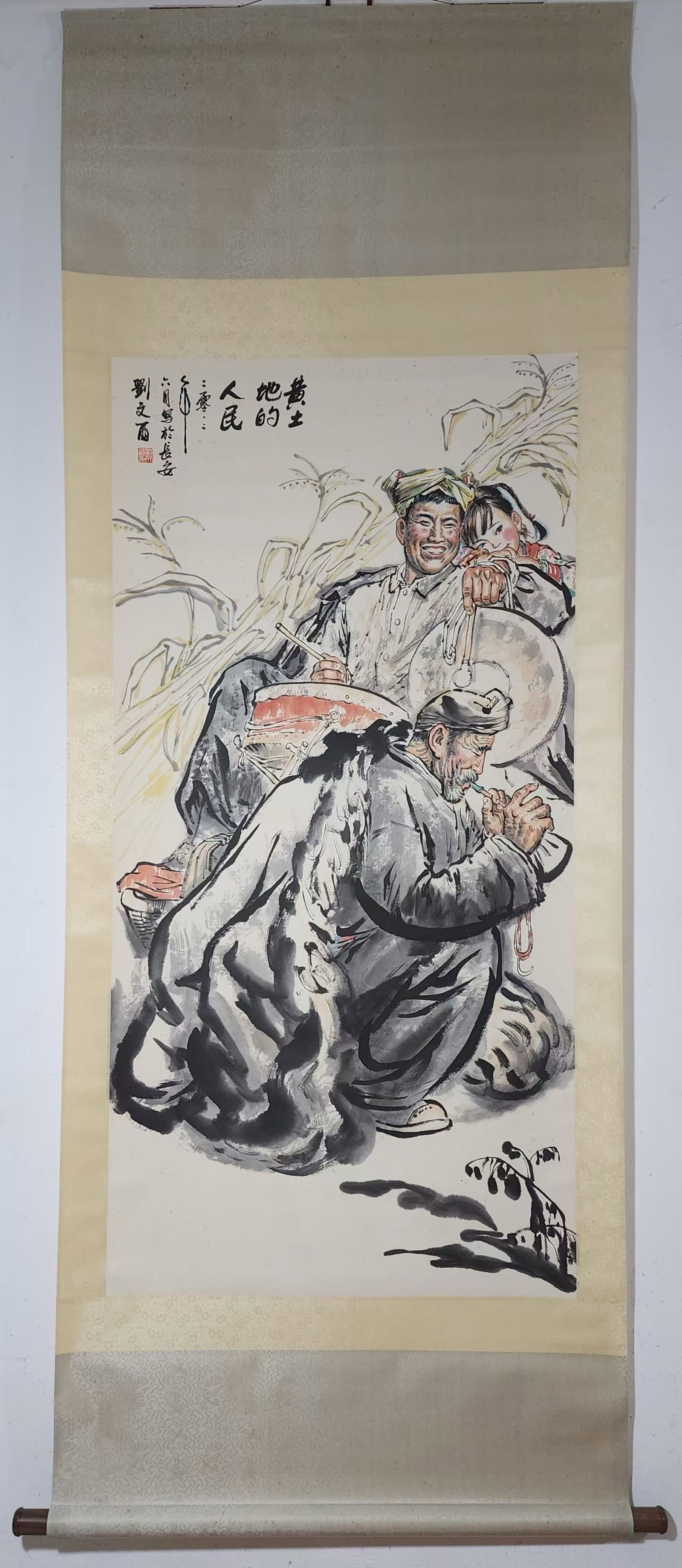 A Chinese Vertical Scroll Ink Painting of Figure on Paper: A Chinese Vertical Scroll Ink Painting of Figure on Paper,Liu Wenxi,Size:53.7inx26.8in 一幅中国水墨人物画立轴,刘文西