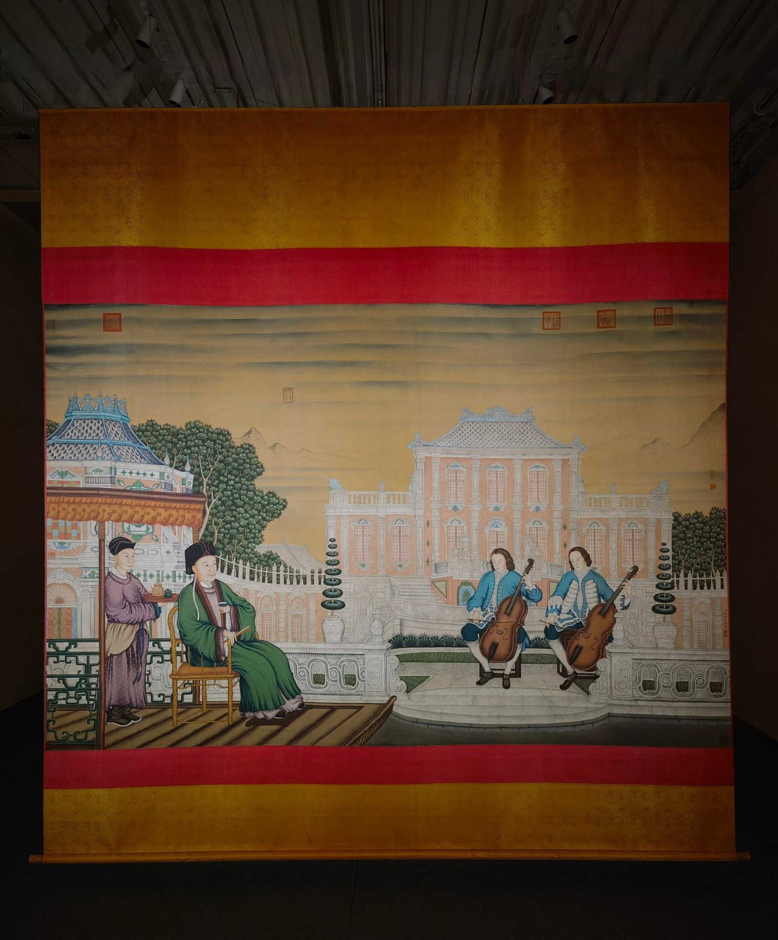A Chinese Vertical Scroll Ink Painting of Figure and Story on Silk: A Chinese Vertical Scroll Ink Painting of Figure and Story on Silk,Lang Shining,Size:(Entirety)128.7inx117.7in,(Without Frame)76.4inx116.9in 一幅中国水墨绢
