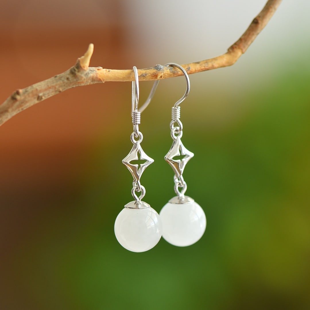 A Pair of Exquisite Sterling Silver Inlaid White Jade Earrings: A Pair of Exquisite Sterling Silver Inlaid White Jade Earrings, 一对纯银镶白玉耳环