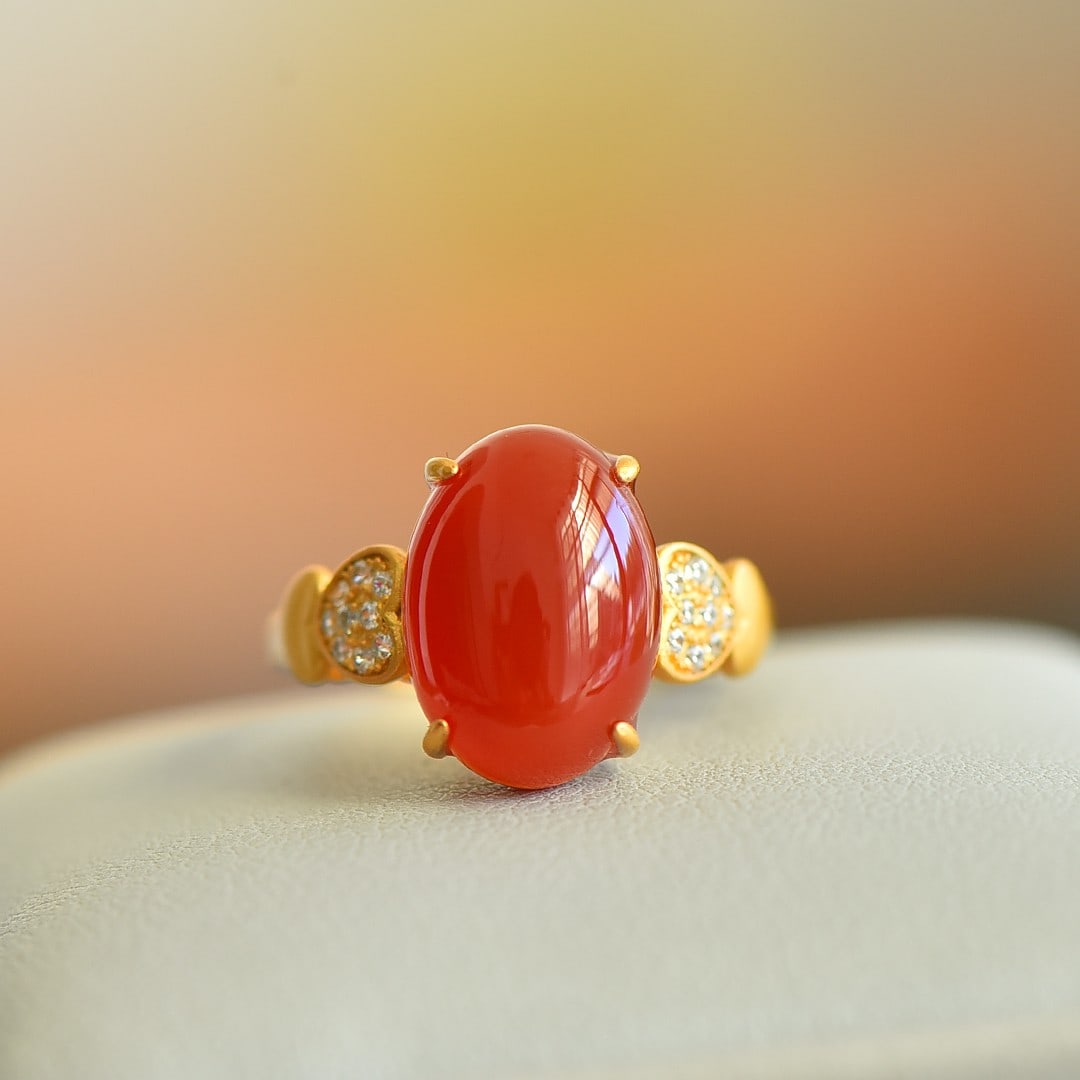 An Exquisite Sterling Silver-Gold Plated Inlaid Red Agate Ring,Inlaid Diamond (1 of 5)