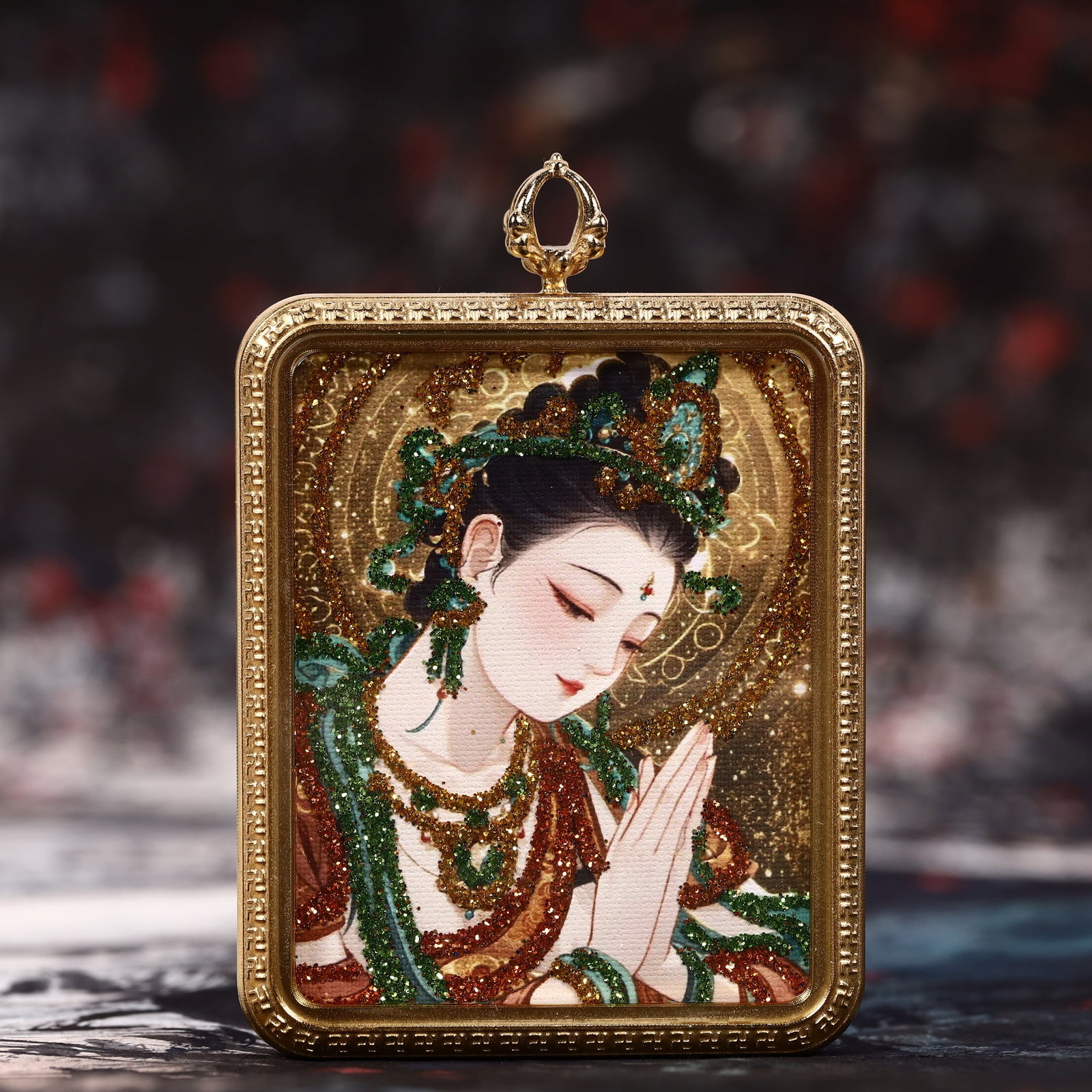 An Exquisite Painted Color Statue of Green Tara Tangka: An Exquisite Painted Color Statue of Green Tara Tangka,Size:2inx2.8in 彩绘绿度母像唐卡