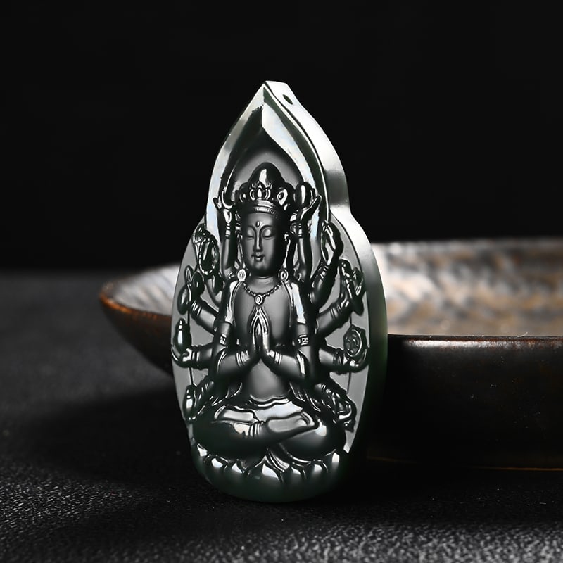 An Exquisite Cyan jade Statue of Thousand-Hand Avalokitesvara Pendant: An Exquisite Cyan jade Statue of Thousand-Hand Avalokitesvara Pendant,Size:2.4inx1.3inx0.3in 青玉千手观音像挂件