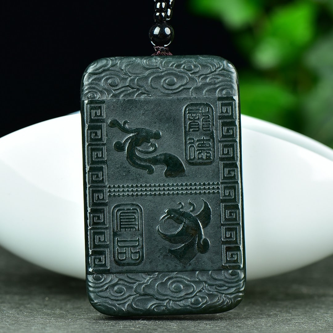 An Exquisite Sapphire Auspicious Cloud,Dragon and Phoenix Pattern Pendant: An Exquisite Sapphire Auspicious Cloud,Dragon and Phoenix Pattern Pendant,Size:1.6inx2.5in