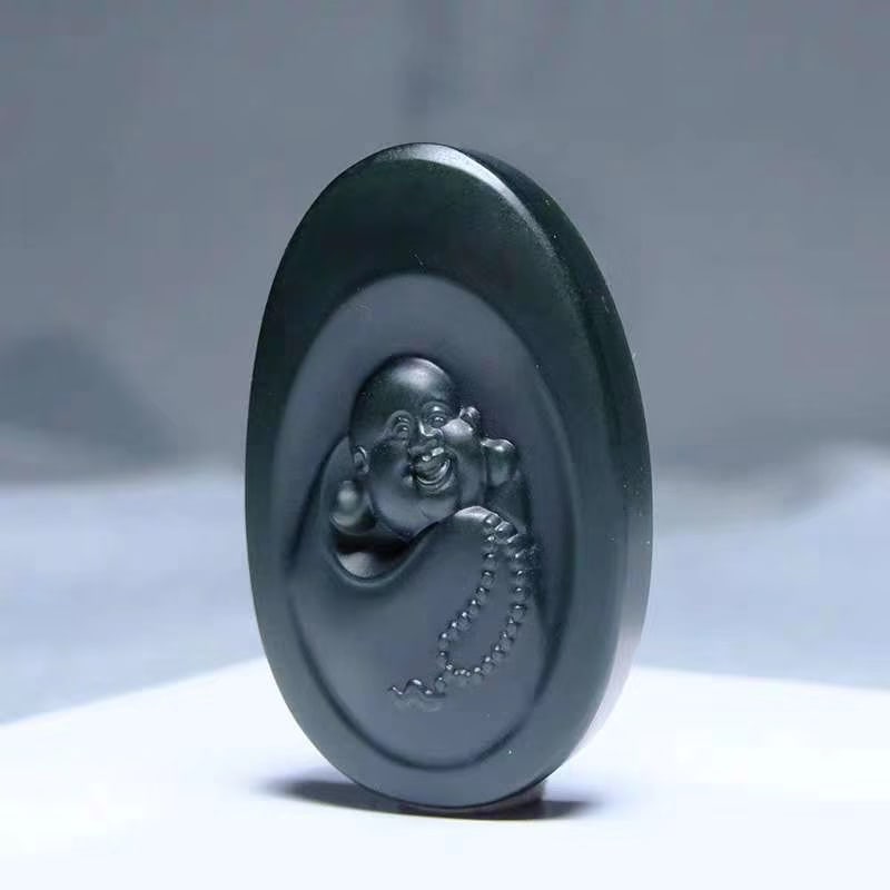 An Exquisite Cyan jade Statue of Maitreya Buddha Pendant: An Exquisite Cyan jade Statue of Maitreya Buddha Pendant 青玉弥勒佛像挂件