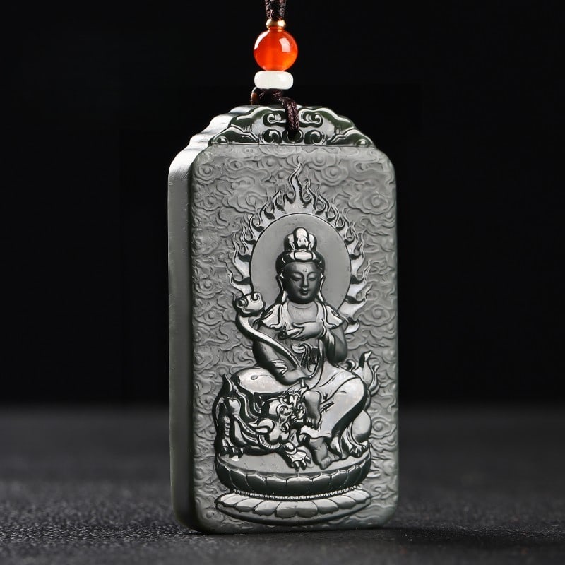 An Exquisite Cyan jade Statue of Manjusri Pendant: An Exquisite Cyan jade Statue of Manjusri Pendant,Size:2.5inx1.4inx0.3in 青玉文殊菩萨像挂件