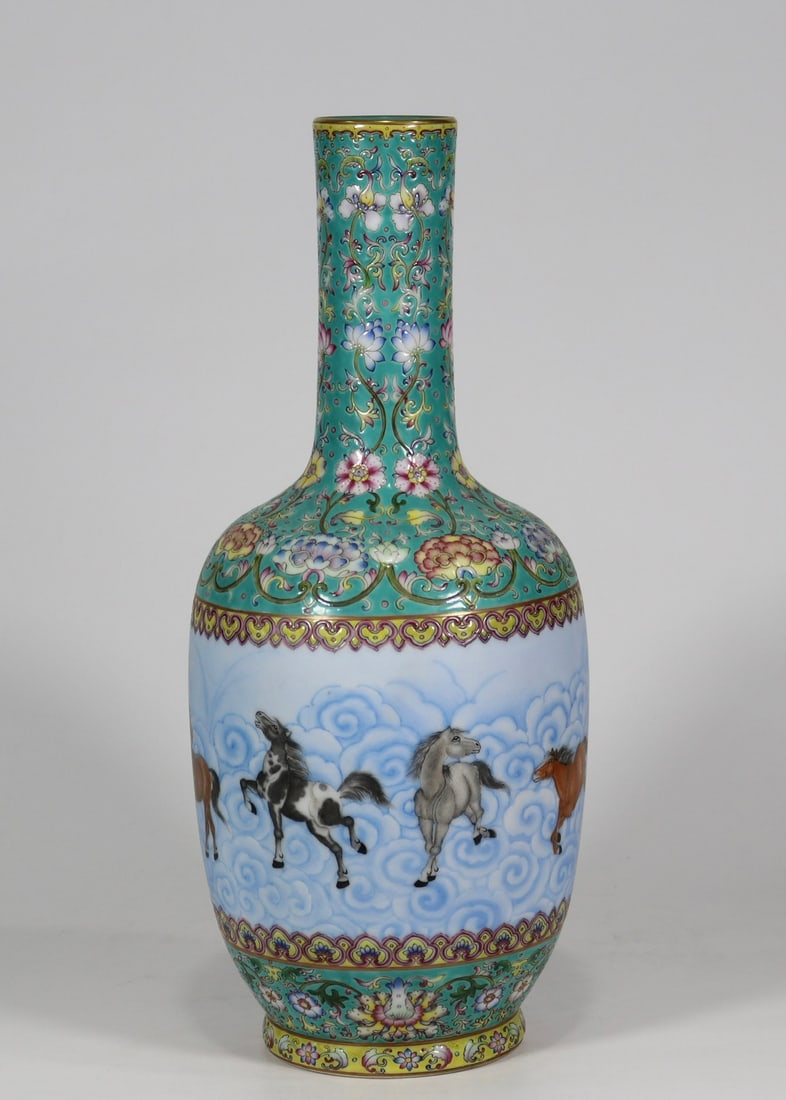 An Exquisite Famille-Rose Lotus Pattern Animal Pattern Vase: An Exquisite Famille-Rose Lotus Pattern Animal Pattern Vase Qing Dynasty, China Qianlong Six-character Mark Size:15inx2.3in粉彩松石蓝地花卉开Ĺ
