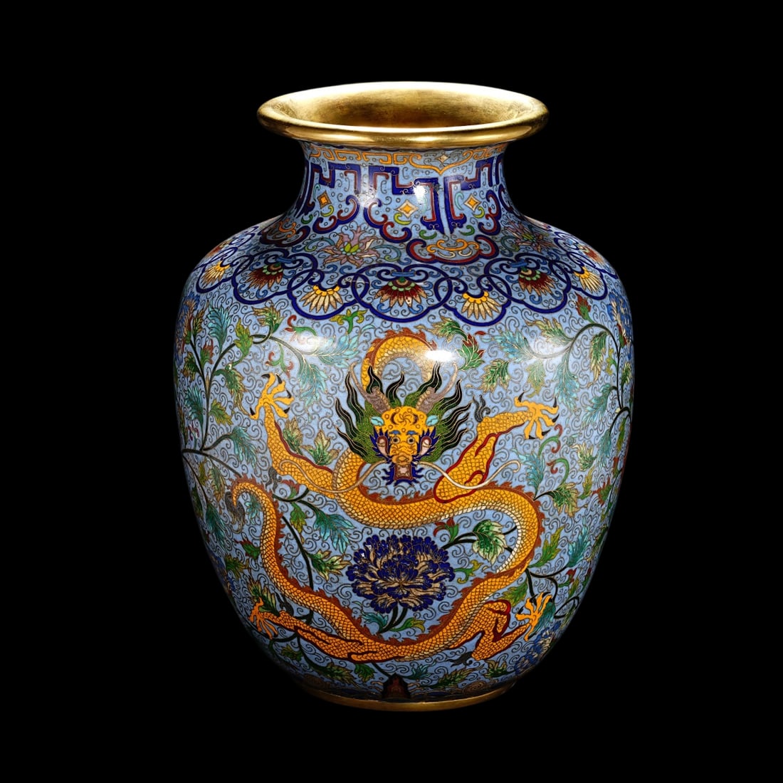 An Exquisite Cloisonne Dragon Phoenix Pattern Lotus Pattern Vase: An Exquisite Cloisonne Dragon Phoenix Pattern Lotus Pattern Vase Qing Dynasty, China Qianlong Four-character Mark Size:15inx11in Weight:9kg景泰蓝龙凤瓶 中