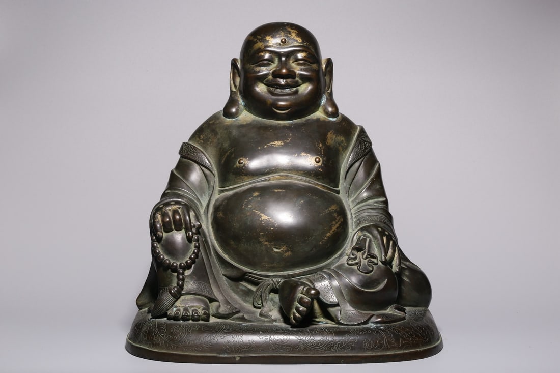 An Exquisite Bronze Statue of Maitreya Buddha: An Exquisite Bronze Statue of Maitreya Buddha Qing Dynasty, China Size:11.8inx11.8inx8.3in Weight:9138g铜泥金弥勒佛坐像 中国清代