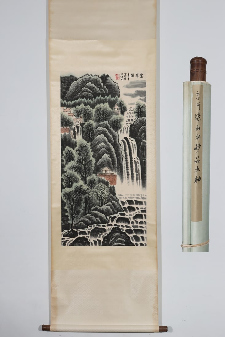 A Chinese Vertical Scroll Ink Painting of Landscape on Paper: A Chinese Vertical Scroll Ink Painting of Landscape on Paper Li keran Without frame Size:39.2inx19.1in李可染山水 纸本立轴Without frame