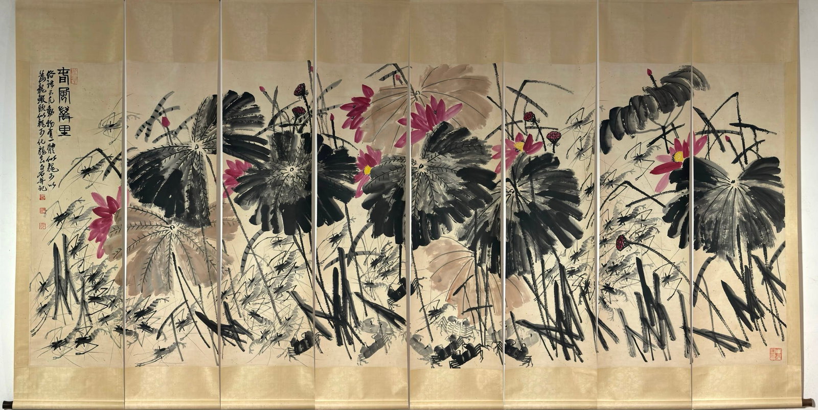 A Chinese Vertical Scroll Ink Painting of Shrimp on Paper: A Chinese Vertical Scroll Ink Painting of Shrimp on Paper Qi baishi entirety Size:75.6inx20.1in Without frame Size:56.5inx17.3in齐白石群虾图八条屏