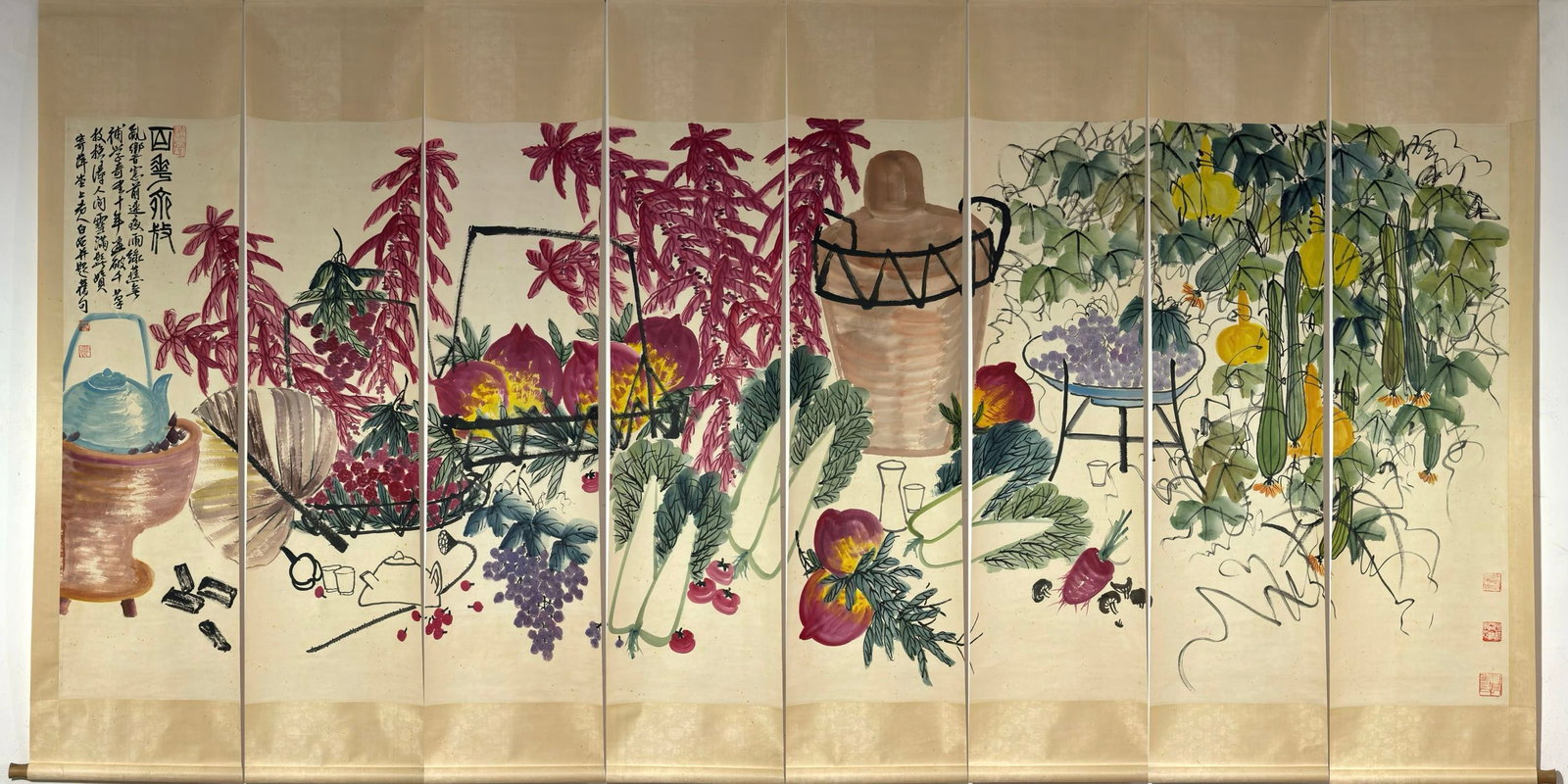 A Chinese Vertical Scroll Ink Painting of Flower and Fruit on Paper: A Chinese Vertical Scroll Ink Painting of Flower and Fruit on Paper Qi baishi entirety Size:75.6inx20.1in Without frame Size:56.5inx17.3in齐白石花卉图八੖