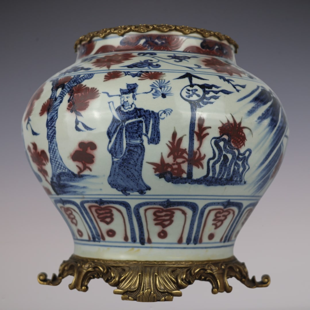 An Exquisite Blue and White Underglaze-Red Inlaid Bronze Character and Story Pattern Lotus Pattern: An Exquisite Blue and White Underglaze-Red Inlaid Bronze Character and Story Pattern Lotus Pattern Jar Yuan Dynasty, China Size:13inx11.8in青花釉里红人物ă