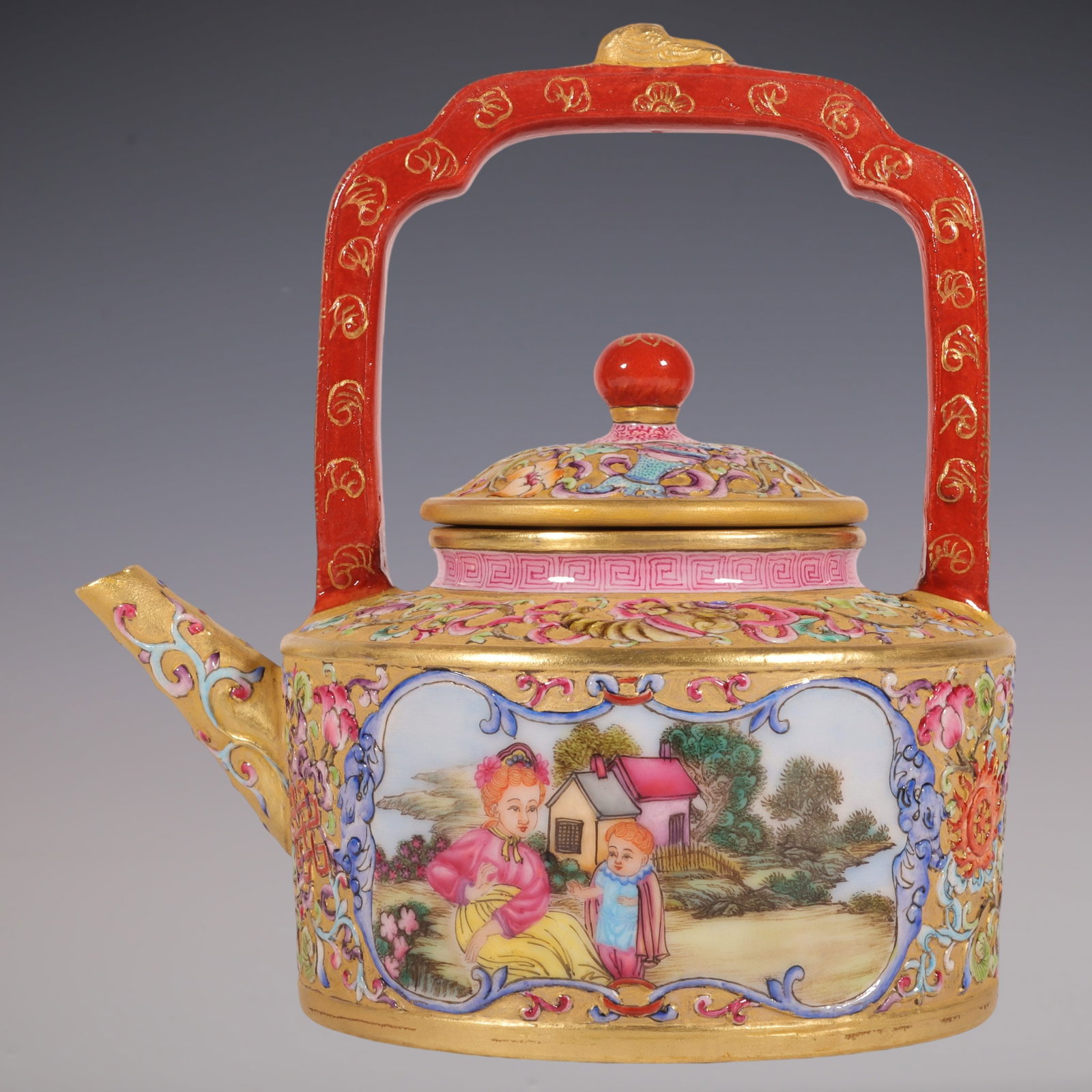 An Exquisite Enamel Lotus Pattern Character and Story Pattern Teapot: An Exquisite Enamel Lotus Pattern Character and Story Pattern Teapot Qing Dynasty, China Qianlong Six-character Mark Size:6.3inx4.3in珐琅彩雕刻金地开