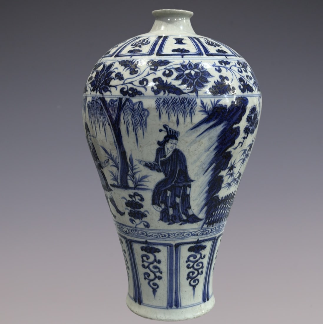 An Exquisite Blue and White Lotus Pattern Character and Story Pattern Vase: An Exquisite Blue and White Lotus Pattern Character and Story Pattern Vase Yuan Dynasty, China Size:17.2in青花人物梅瓶 中国元代 Size:43.8cm