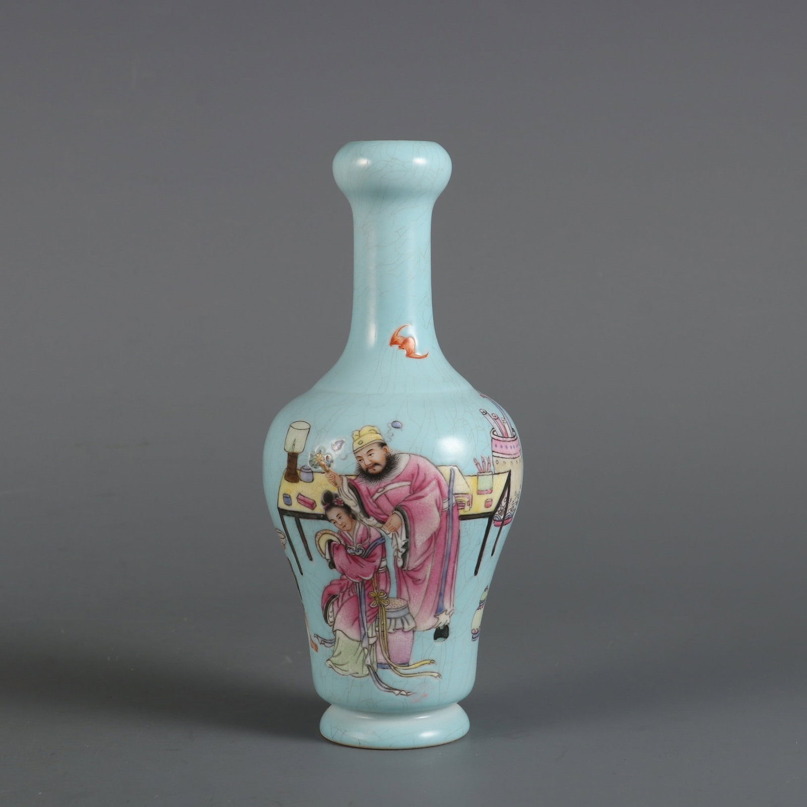 An Exquisite Famille-Rose Green Ground Character and Story Pattern Vase: An Exquisite Famille-Rose Green Ground Character and Story Pattern Vase Qing Dynasty, China Qianlong Four-character Mark Size:5.5inx2.4in松石绿地粉彩钟馗