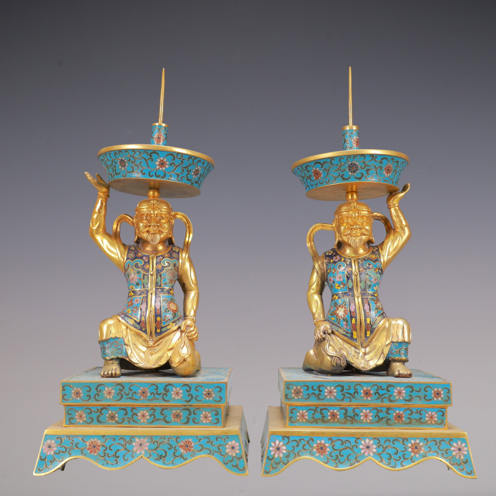 A Exquisite A pair of Cloisonne Lotus Pattern Figures Candlestick: A Exquisite A pair of Cloisonne Lotus Pattern Figures Candlestick Qing Dynasty, China Size:8.1inx8.1inx16.7in