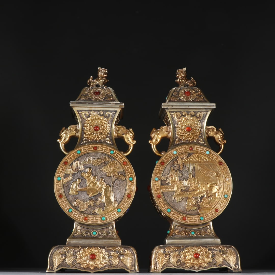 A Pair of Exquisite Gilt Bronze and Silver Inlaid Gems Character and Story Pattern Double-Ears Vase: A Pair of Exquisite Gilt Bronze and Silver Inlaid Gems Character and Story Pattern Double-Ears Vase Qing Dynasty, China Qianlong Four-character Mark Size:10.2inx4.1in