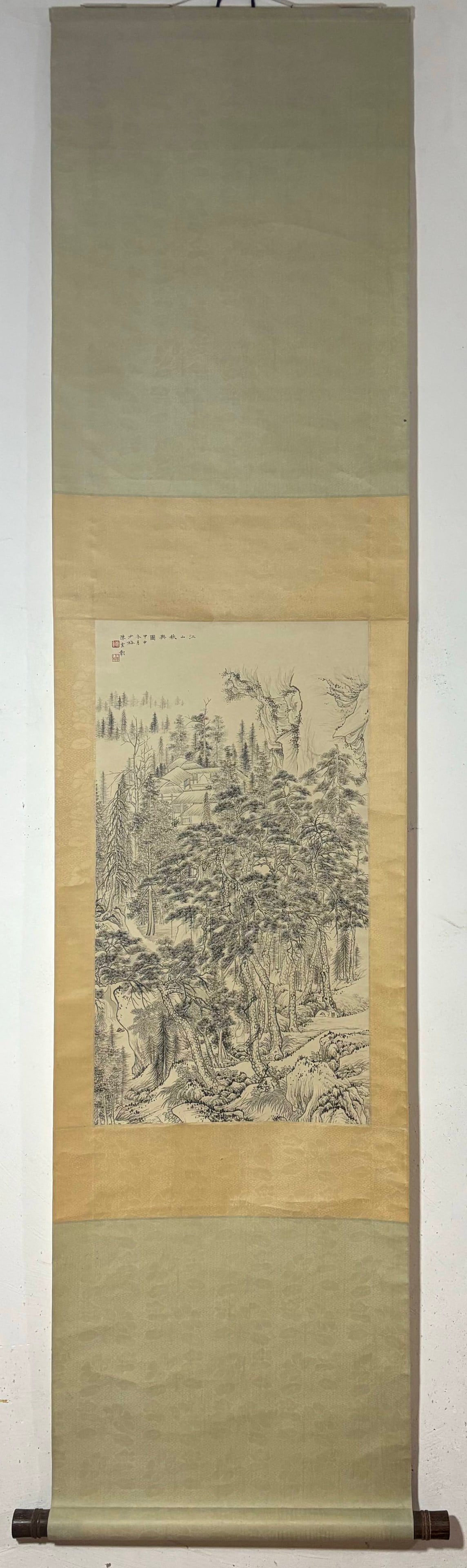 A Chinese Vertical Scroll Ink Painting of Landscape on Paper: A Chinese Vertical Scroll Ink Painting of Landscape on Paper Chen shaomei Without frame Size:26.6inx14.6in陈少梅墨彩山水图