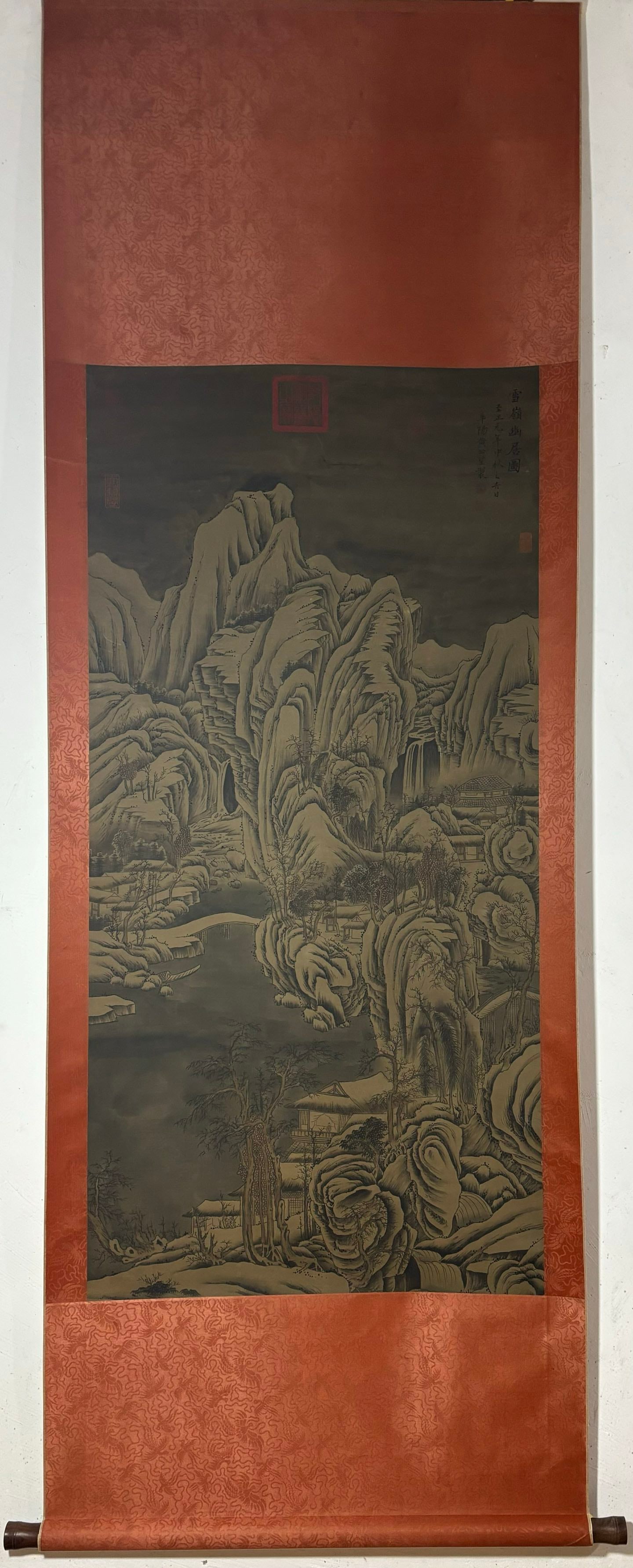 A Chinese Vertical Scroll Ink Painting of Landscape on Silk: A Chinese Vertical Scroll Ink Painting of Landscape on Silk Huang gongwang Without frame Size:51.6inx25.2in黄公望雪嶺幽居图 绢本立$