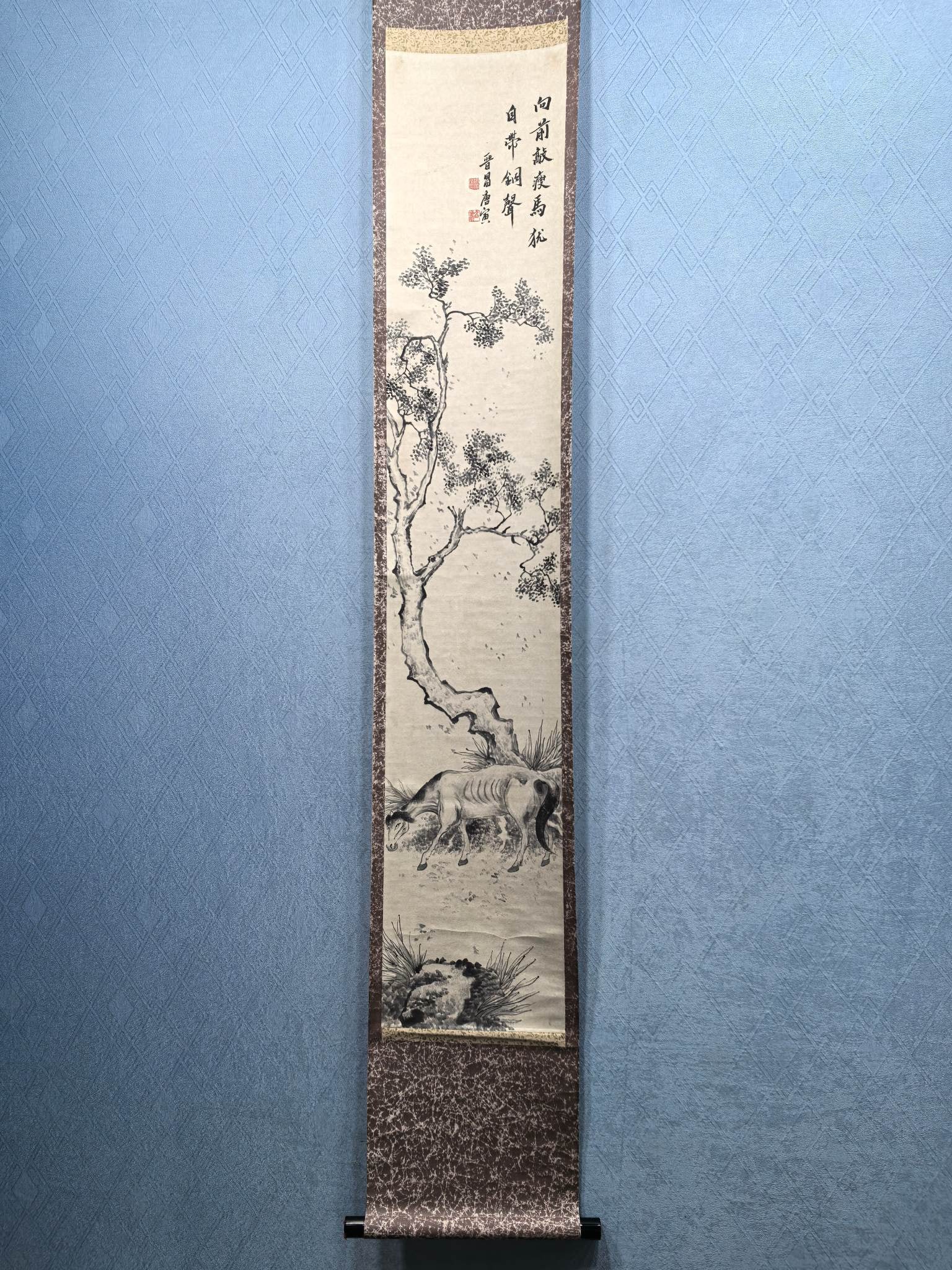 A Chinese Vertical Scroll Ink Painting of Horse on Paper: A Chinese Vertical Scroll Ink Painting of Horse on Paper Tang yin Size:9.5inx50.7in唐寅骏马图 纸本立轴Size:24.2cmx128.8cm