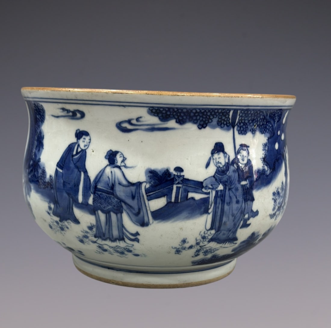 An Exquisite Blue and White Character and Story Pattern Brush Washer: An Exquisite Blue and White Character and Story Pattern Brush Washer Qing Dynasty, China Size:5.8inx8.7in青花人物洗 中国清代 Size:14.7cmx22cm