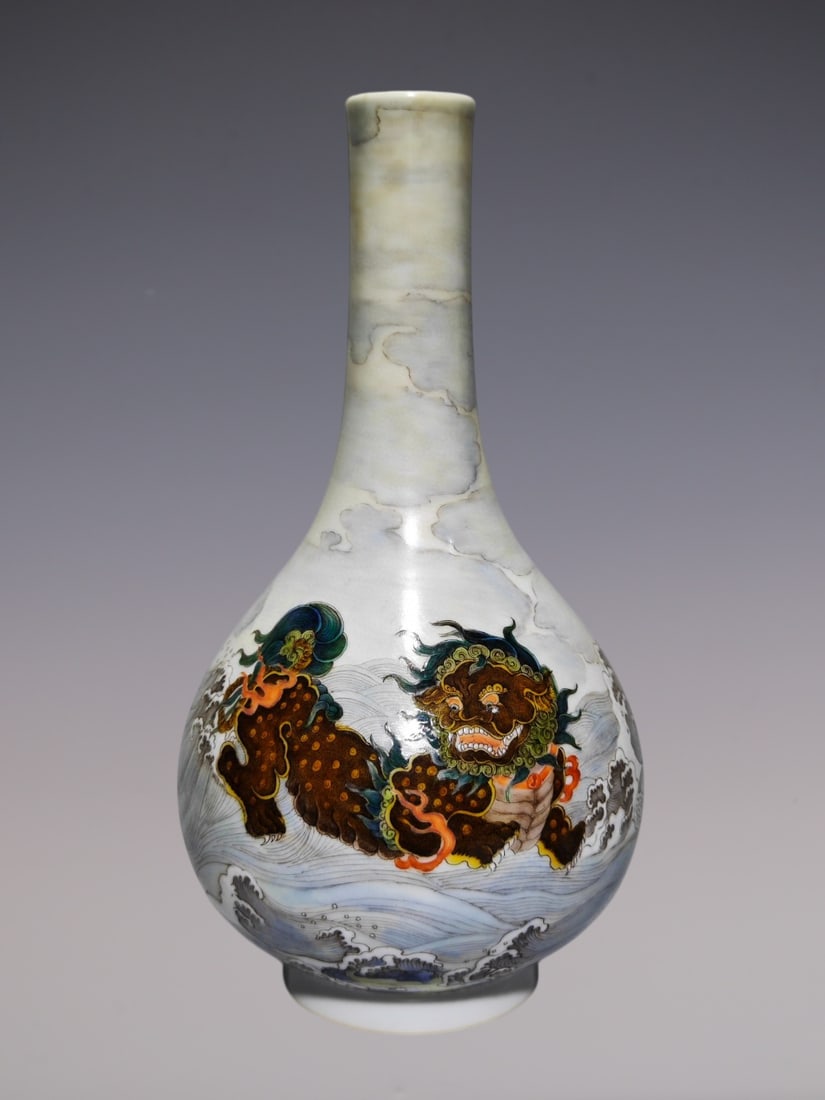 An Exquisite Famille-Rose Kylin Pattern Seawater Pattern Vase: An Exquisite Famille-Rose Kylin Pattern Seawater Pattern Vase Qing Dynasty, China Yongzheng Six-character Mark Size:9.1inx4.9in粉彩麒麟海水纹胆瓶