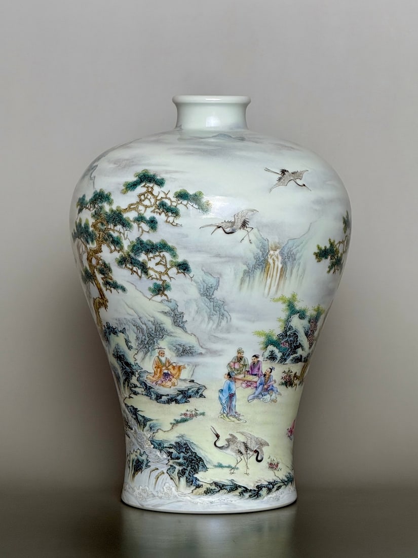 An Exquisite Famille-Rose Pine and Crane Pattern Landscape and Figure Pattern Vase: An Exquisite Famille-Rose Pine and Crane Pattern Landscape and Figure Pattern Vase Qing Dynasty, China Yongzheng Six-character Mark Size:11inx7.4in粉彩文人雅集Ň