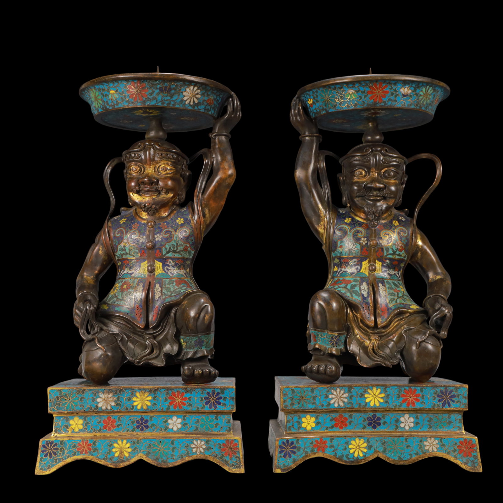 A Exquisite A pair of Cloisonne Lotus Pattern Figures Candlestick: A Exquisite A pair of Cloisonne Lotus Pattern Figures Candlestick Qing Dynasty, China Size:8.5inx6.3inx18.1in