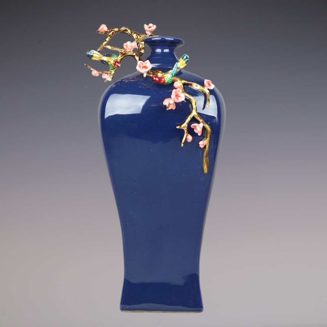 An Exquisite Ji Blue Glazed Flower and Bird Pattern Vase: An Exquisite Ji Blue Glazed Flower and Bird Pattern Vase Qing Dynasty, China Yongzheng Six-character Mark