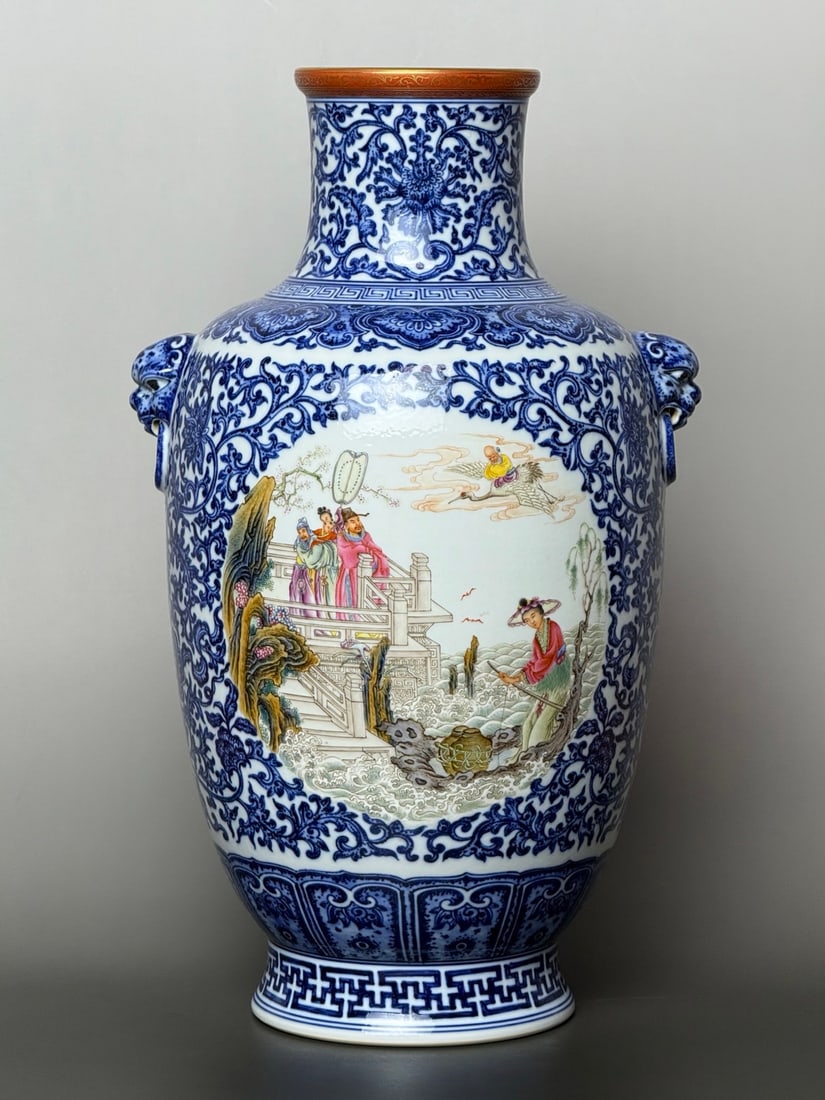 An Exquisite Blue and White Iron-Red Painted Gold Lotus Pattern Character and Story Pattern: An Exquisite Blue and White Iron-Red Painted Gold Lotus Pattern Character and Story Pattern Double-Ears Vase Qing Dynasty, China Qianlong Six-character Mark Size:16.1inx9.4in矾红描&#