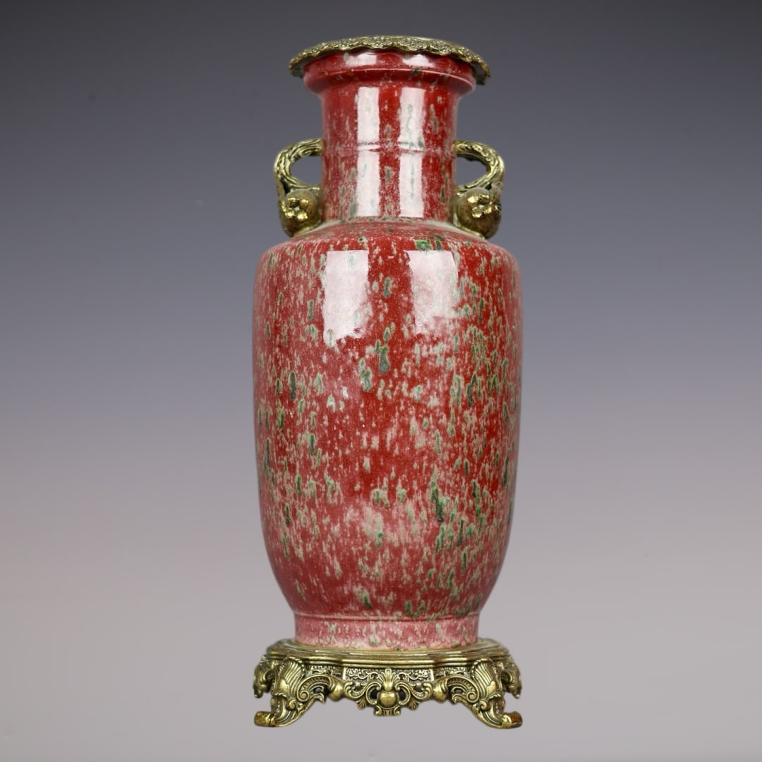 An Exquisite Flambe Glazed Inlaid Bronze Double-Ears Vase: An Exquisite Flambe Glazed Inlaid Bronze Double-Ears Vase Qing Dynasty, China Kangxi Six-character Mark Size:17.7inx6.7in豇豆红窑变美人醉镶铜