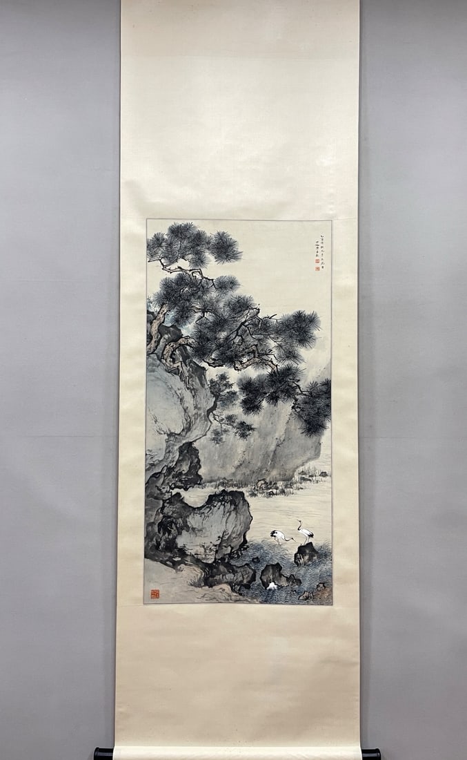 A Chinese Vertical Scroll Ink Painting of Pine and Crane on Paper: A Chinese Vertical Scroll Ink Painting of Pine and Crane on Paper Chen shaomei Without frame Size:38.2inx18.5in陈少梅松溪双鹤图 纸本立