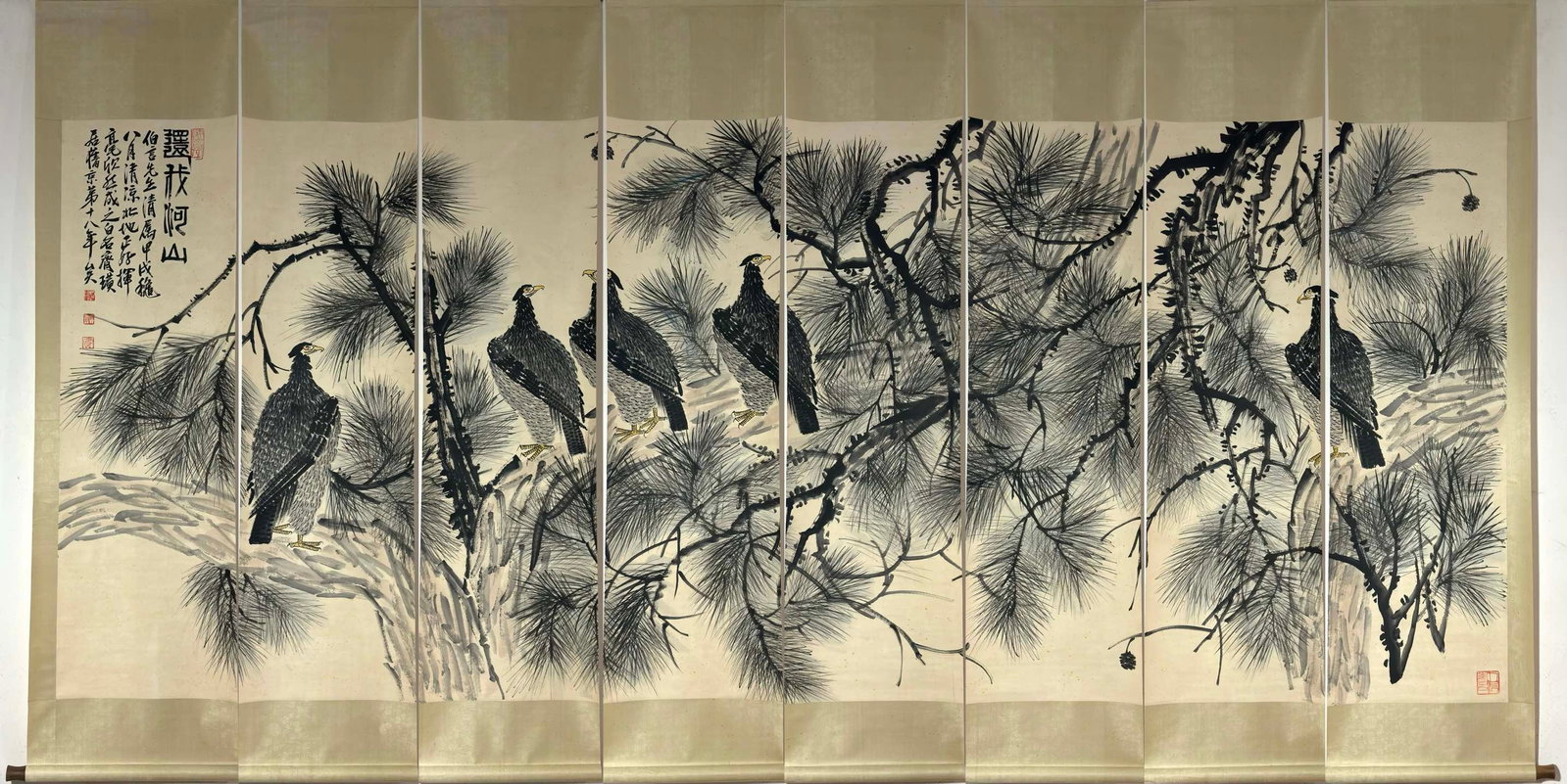 A Chinese Vertical Scroll Ink Painting of Eagle on Paper: A Chinese Vertical Scroll Ink Painting of Eagle on Paper Qi baishi entirety Size:75.6inx20.1in Without frame Size:56.5inx17.5in齐白石松鹰图八条屏 