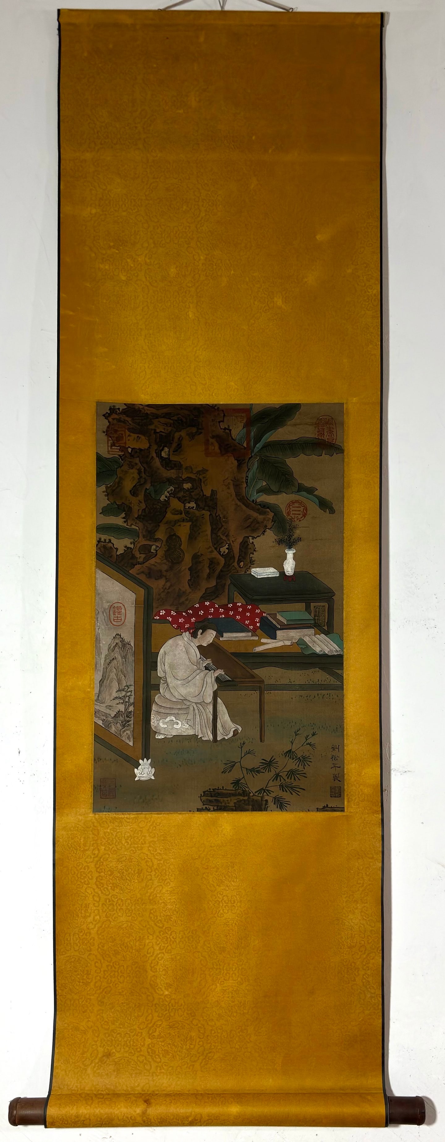 A Chinese Vertical Scroll Ink Painting of Character and Story on Silk: A Chinese Vertical Scroll Ink Painting of Character and Story on Silk Liu songnian Without frame Size:22inx13.4in刘松年抚琴图 绢本立轴Withou