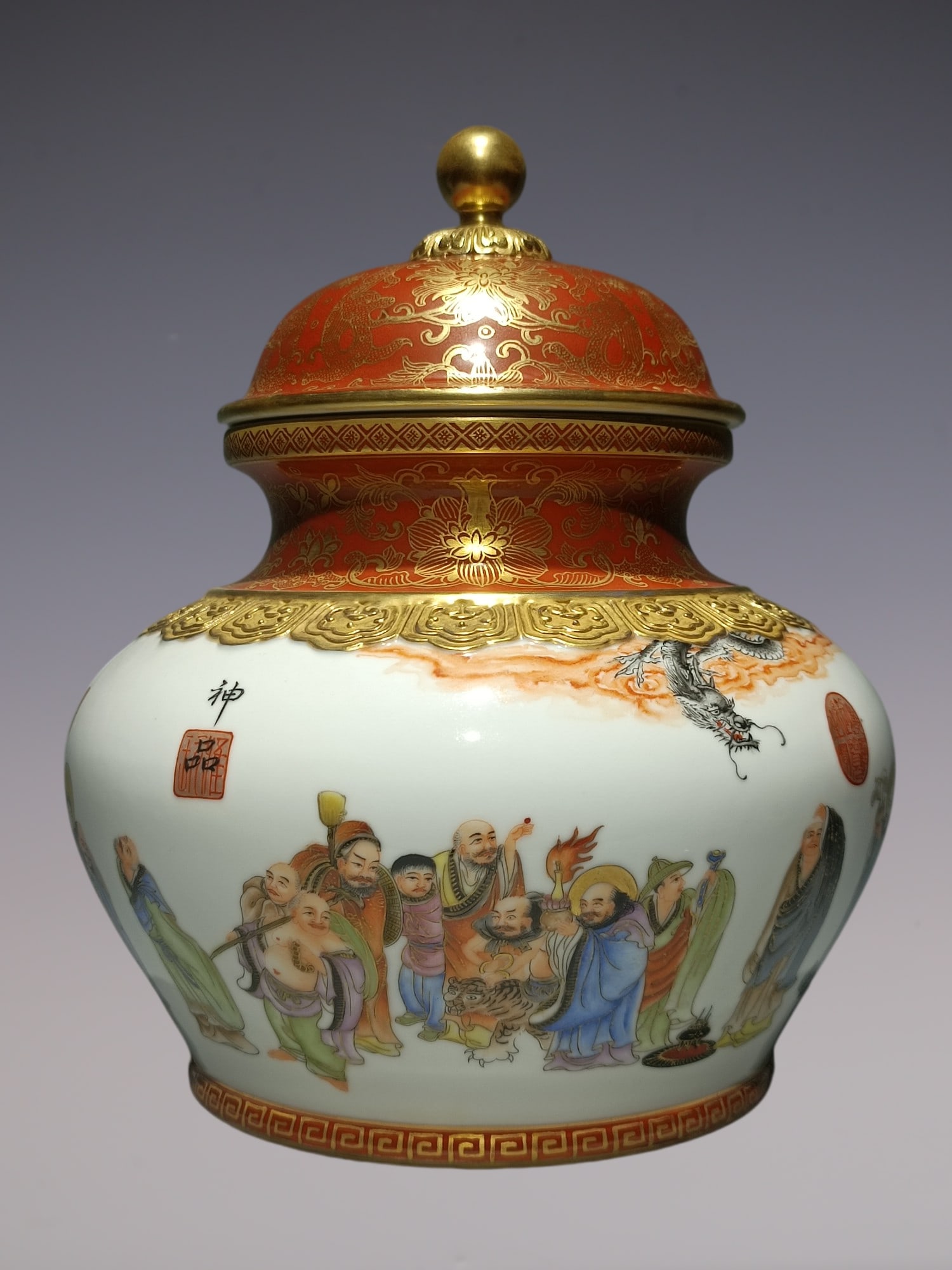 An Exquisite Enamel Iron-Red Painted Gold Character and Story Pattern Lotus Pattern Jar: An Exquisite Enamel Iron-Red Painted Gold Character and Story Pattern Lotus Pattern Jar Qing Dynasty, China Qianlong Four-character Mark Size:10.2inx8.9in珐琅彩矾红৻