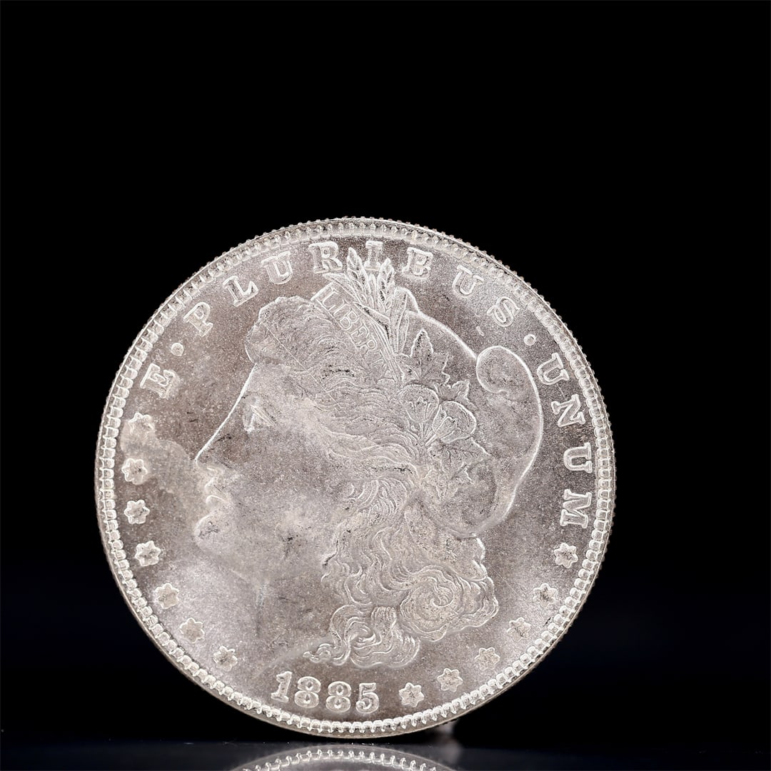 USA Morgan Dollar 1885 Coin: Obv: profile bust with date below and E PLURIBUS UNUM legend and stars around. Rev: eagle with In God we trust above within wreath with UNITED STATES OF AMERICA ONE DOLLAR legend. IN GOD WE TRUST / LI