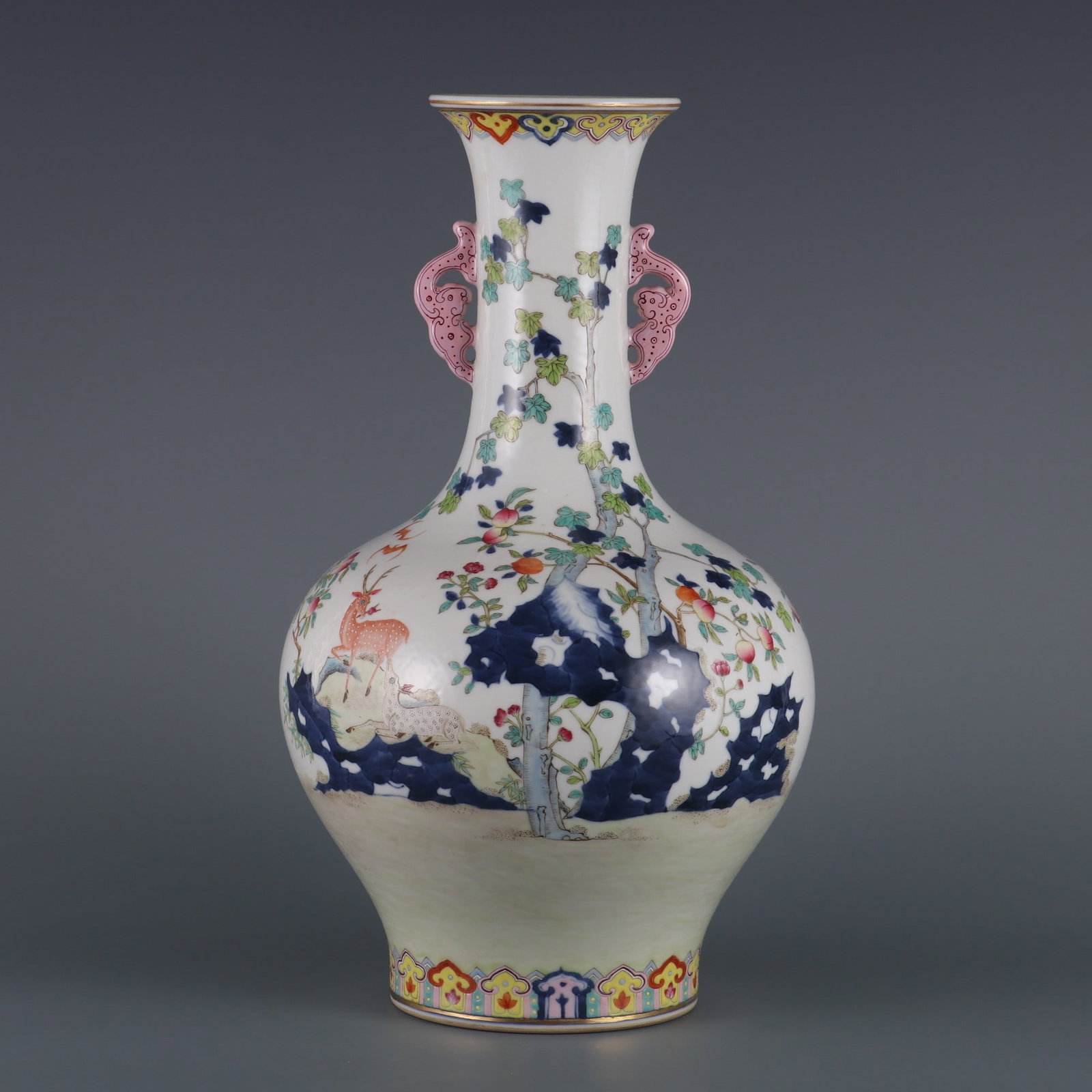 An Exquisite Famille-Rose Blue and White Bats and Peach Pattern Double-Ears Vase: An Exquisite Famille-Rose Blue and White Bats and Peach Pattern Double-Ears Vase Qing Dynasty, China Qianlong Six-character Mark Size:12.8in青花加粉彩福寿