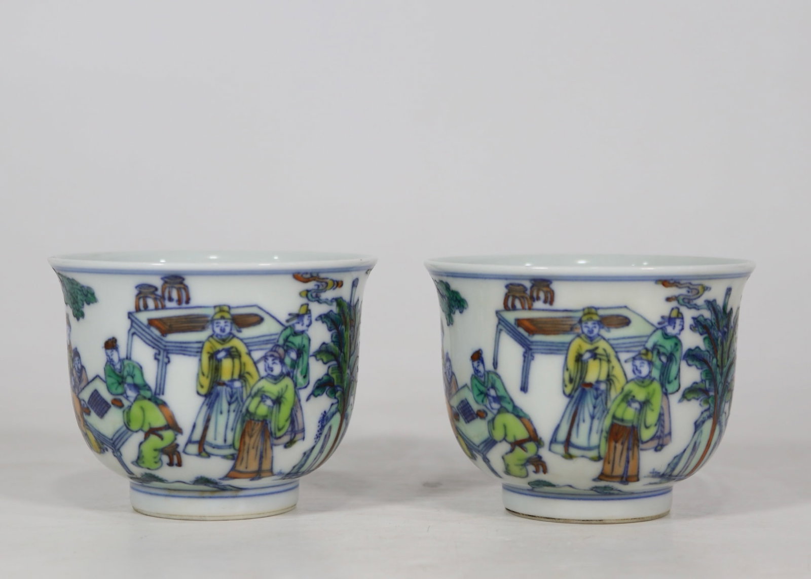 An Exquisite Doucai Character and Story Pattern Cup: An Exquisite Doucai Character and Story Pattern Cup Qing Dynasty, China Qianlong Six-character Mark Size:2.4inx3.1in斗彩十八学士对杯