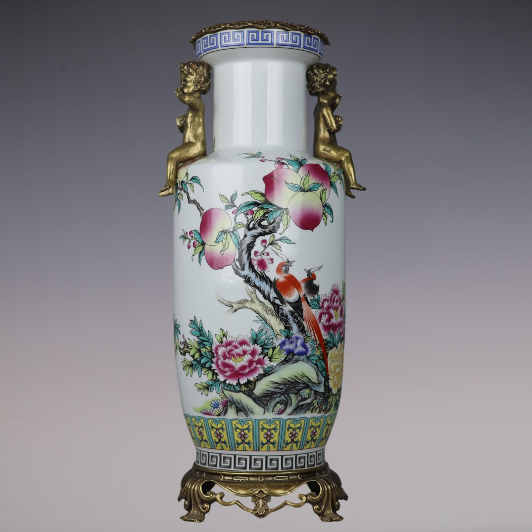 An Exquisite Famille-Rose Inlaid Bronze Bats and Peach Pattern Flower and Bird Pattern Double-Ears: An Exquisite Famille-Rose Inlaid Bronze Bats and Peach Pattern Flower and Bird Pattern Double-Ears Vase Qing Dynasty, China Kangxi Six-character Mark Size:19.3inx7.9in粉彩福寿&