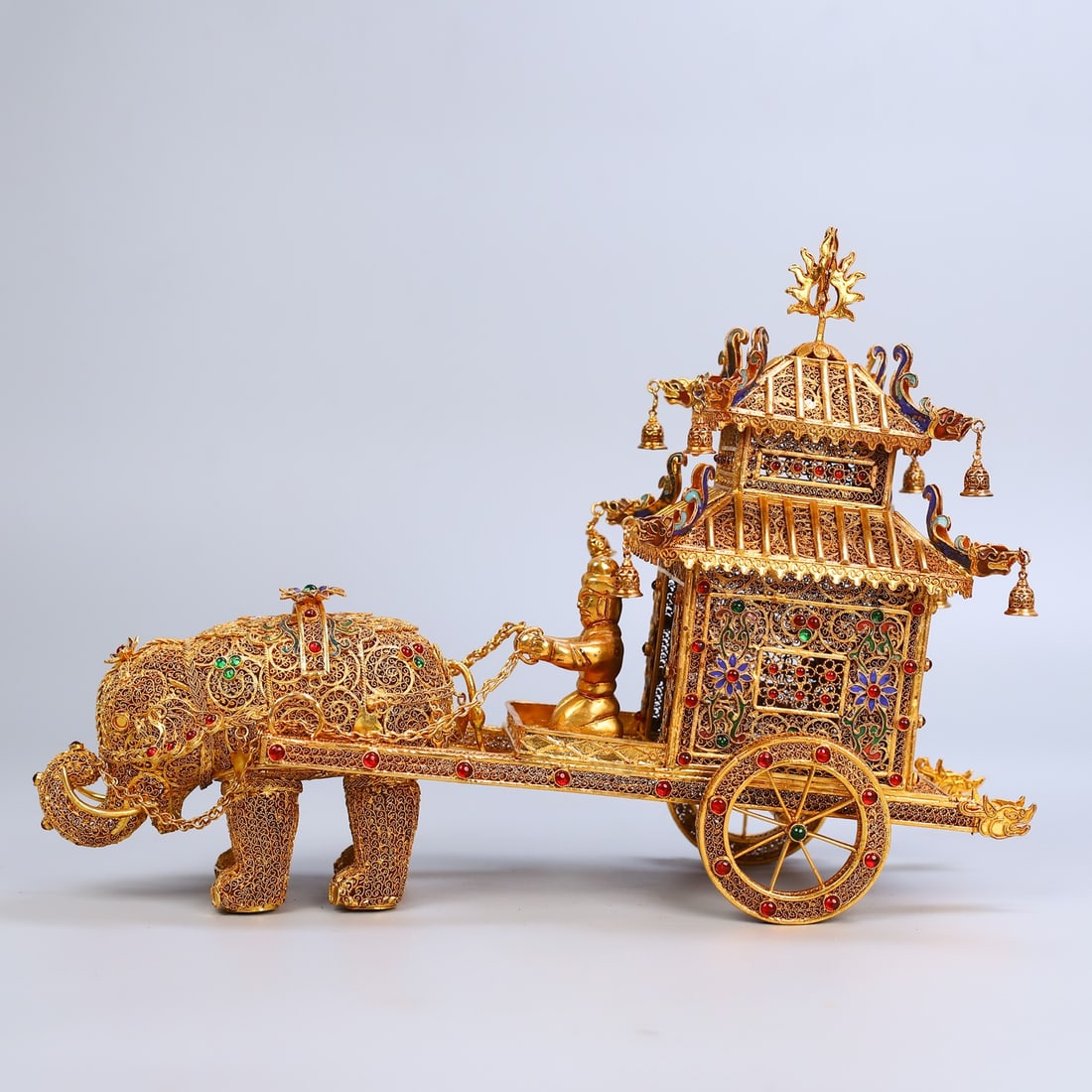An Exquisite Gilt Bronze Inlaid Gems Elephant pulling a cart Ornament (1 of 10)