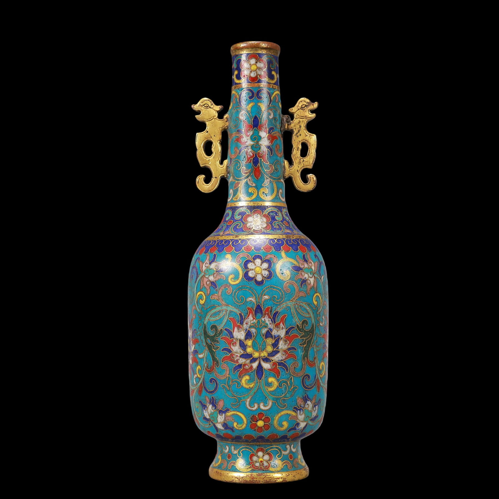 An Exquisite Cloisonne Gilt Bronze Lotus Pattern Flower Pattern Double-Ears Vase: An Exquisite Cloisonne Gilt Bronze Lotus Pattern Flower Pattern Double-Ears Vase Qing Dynasty, China Qianlong Four-character MarkSize:2.8inx2.8inx8.7in