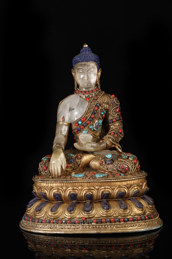 An Exquisite Crystal Inlaid Gems Buddha Statue: An Exquisite Crystal Inlaid Gems Buddha Statue Qing Dynasty, China Size:11.4inx8.7in Weight:4000g水晶镶嵌百宝佛像 中国清代 Size: