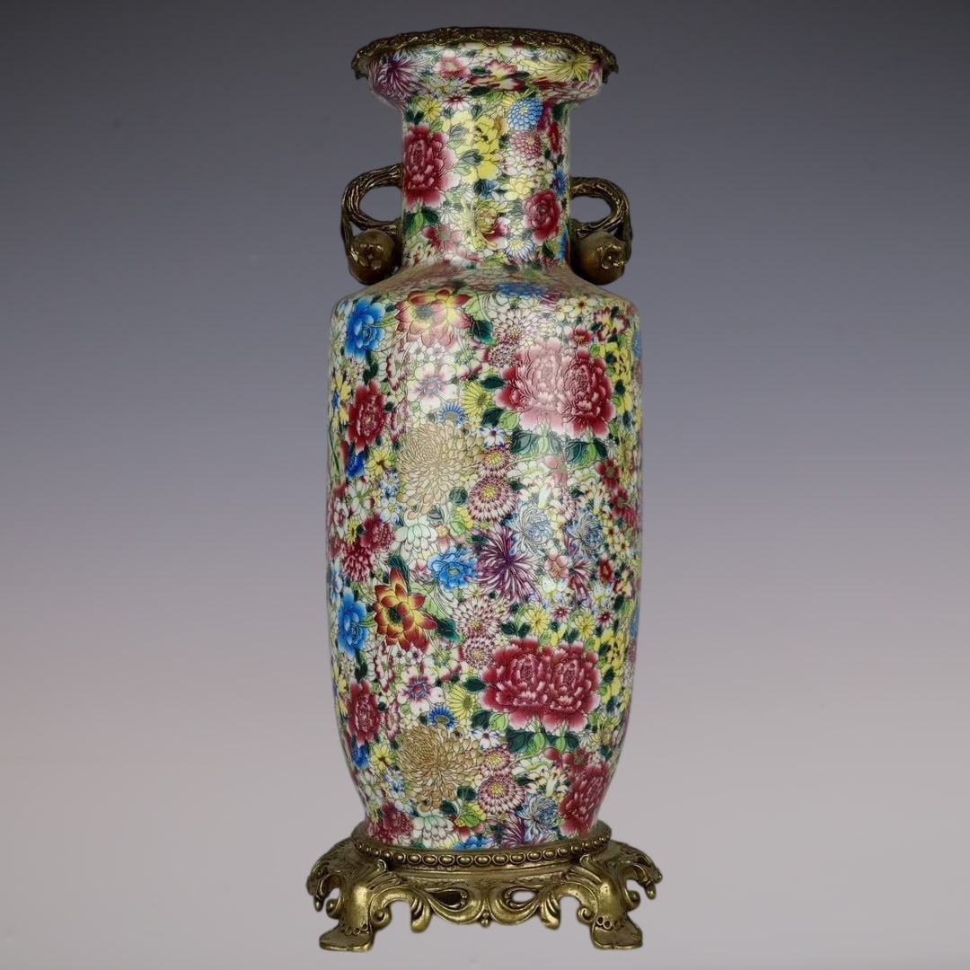 An Exquisite Famille-Rose Inlaid Bronze Flower and Fruit Pattern Double-Ears Vase: An Exquisite Famille-Rose Inlaid Bronze Flower and Fruit Pattern Double-Ears Vase Qing Dynasty, China Yongzheng Four-character Mark