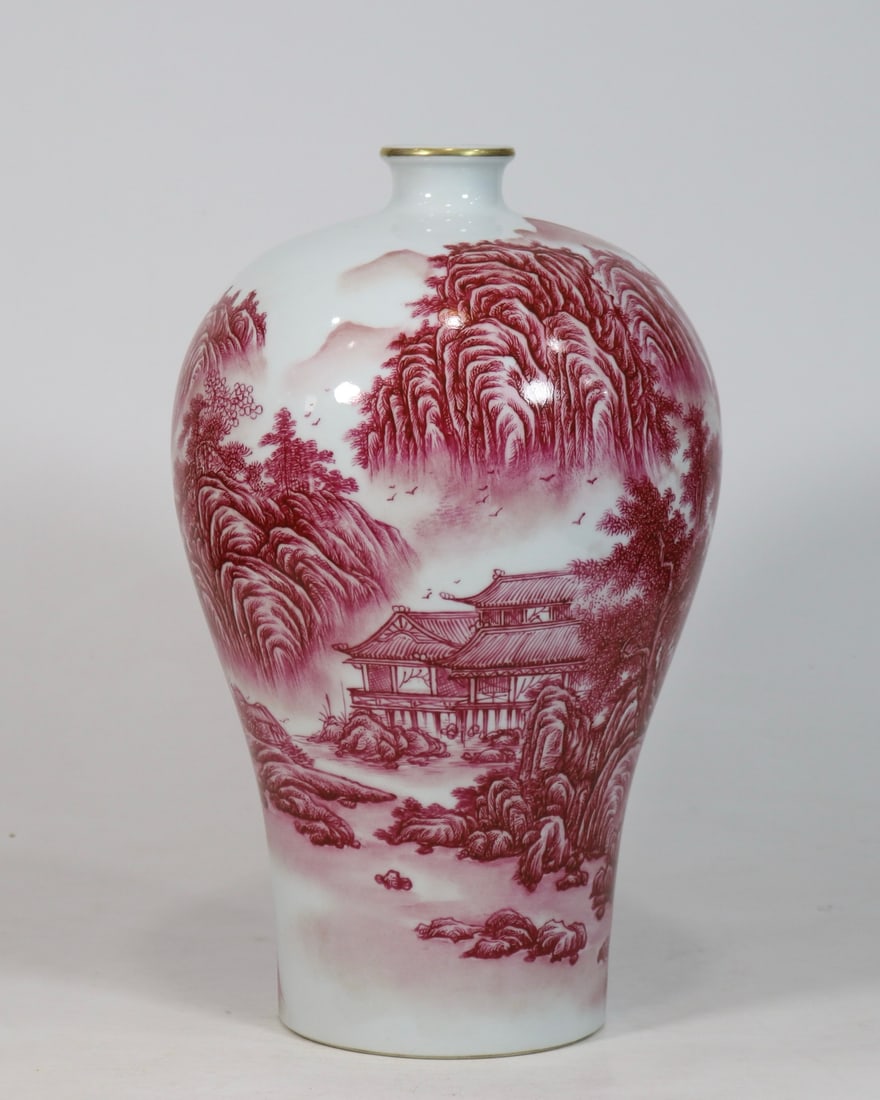 An Exquisite Ruby Red-Glazed Landscape Pattern Vase - 4