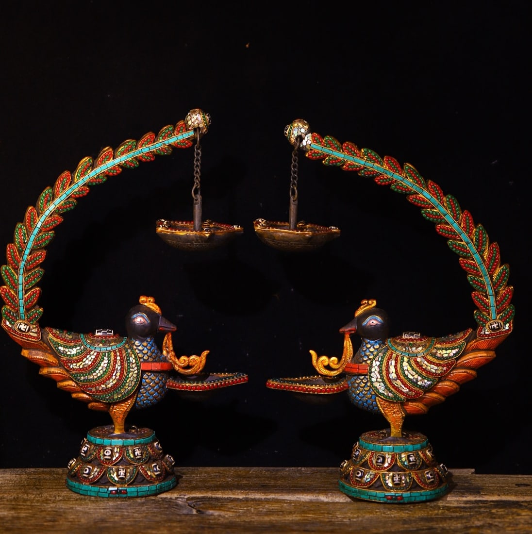 An Exquisite Bronze Inlaid Dzi Bead Gems Painted Color Candlestick (1 of 9)