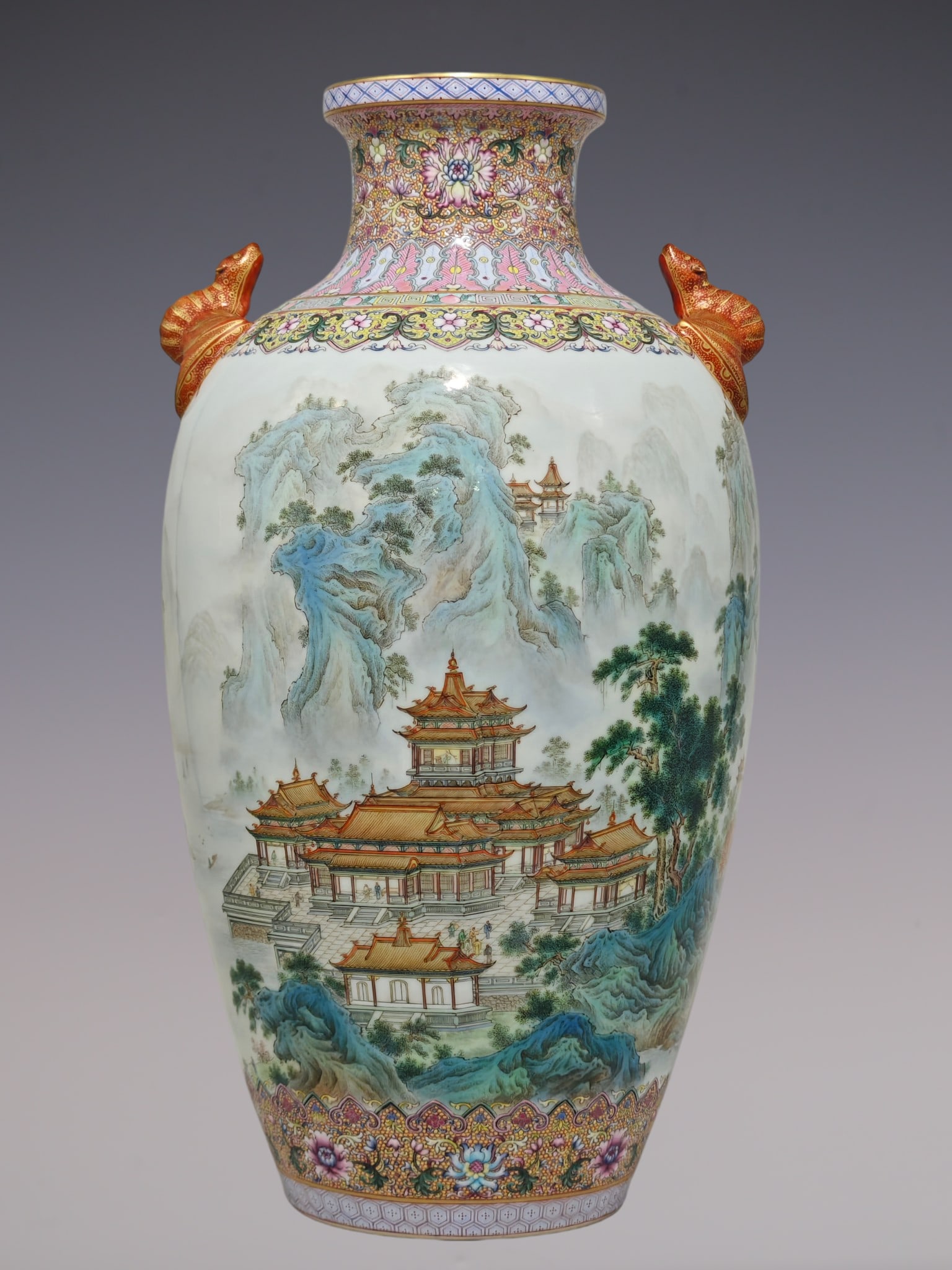 An Exquisite Famille-Rose Lotus Pattern Landscape Pattern Double-Ears Vase: An Exquisite Famille-Rose Lotus Pattern Landscape Pattern Double-Ears Vase Qing Dynasty, China Qianlong Six-character Mark