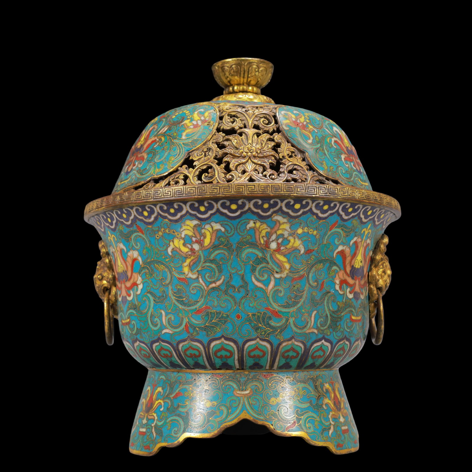 A Exquisite Cloisonne Lotus Pattern Double-Ears Censer: A Exquisite Cloisonne Lotus Pattern Double-Ears Censer Qing Dynasty, China Qianlong Four-character Mark Size:11.6inx9.4in Weight:3150g景泰蓝缠枝莲纹双&#